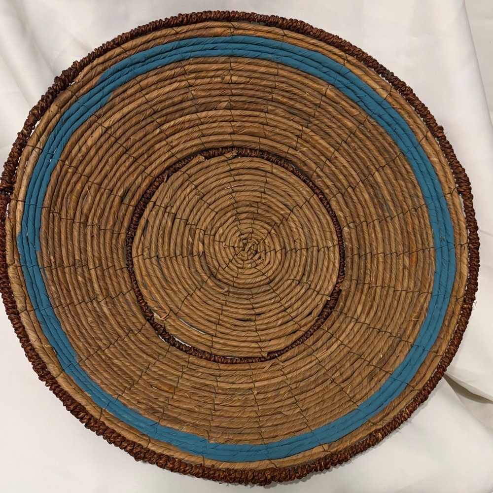Vintage Hand Coiled Woven Basket 17” Wall Hanging Blue Accent Boho Decor